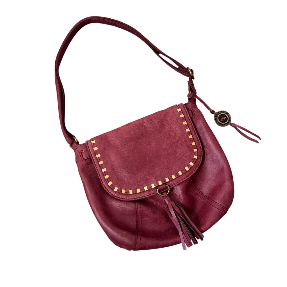 The Sak Serrano Saddle Cabernet Red Leather Studded Fringe Crossbody Purse Boho